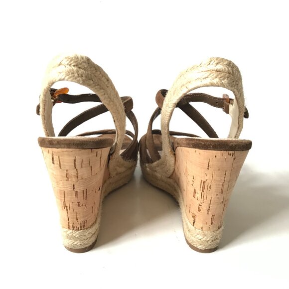 Prada Suede Cork Wedge Heels Sandals Womens 37 7 Brown Tan Platform Buckle Shoes - Picture 6 of 9